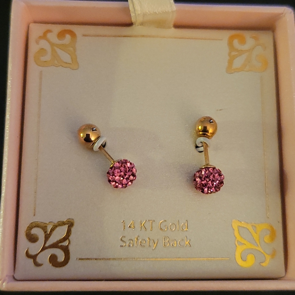 14KT Gold Children's Pink Crystal Ball Studs